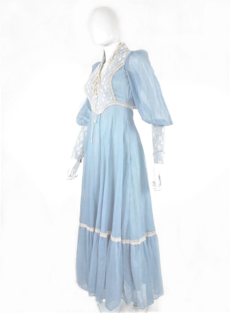 Vintage Gunne Sax Blue Ivory Lace Trim Maxi Prairie S Dress Size