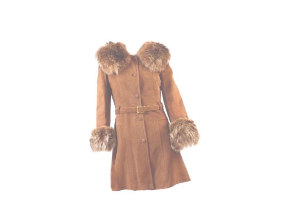 brown suede fur trim belted vintage coat