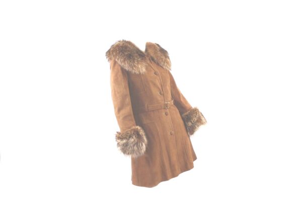 brown suede fur trim belted vintage coat