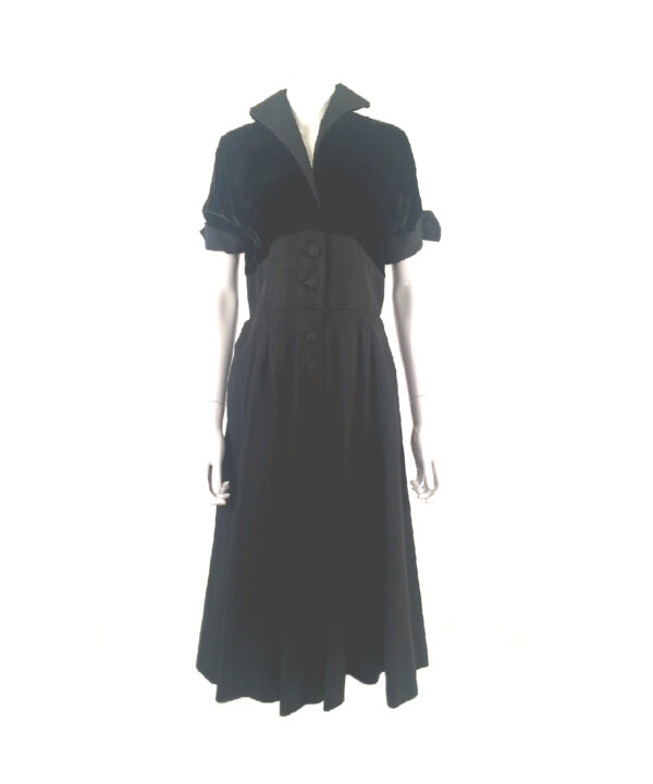 Vintage button front black velvet trim dress