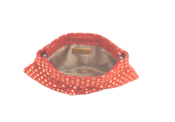 lauren merkin gold polka dot orange red clutch bag