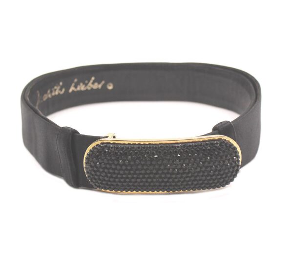 Judith Leiber satin black crystal buckle belt