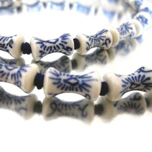 blue white porcelain drum bead necklace