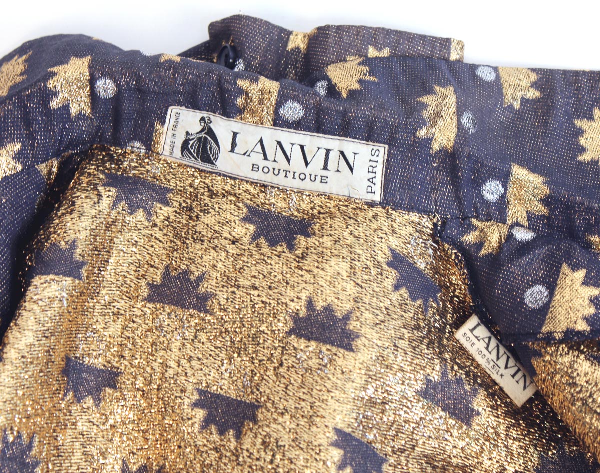 Vintage Lanvin Boutique Paris 70s Blouse Blue Gold Metallic Thread