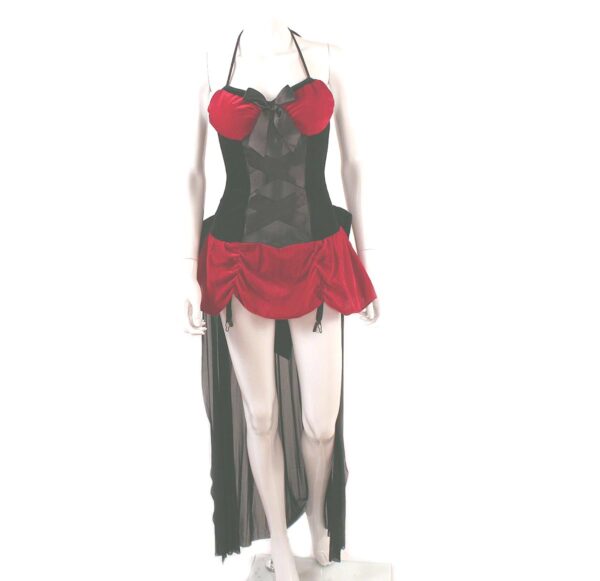 velvet red & black long back mini front costume