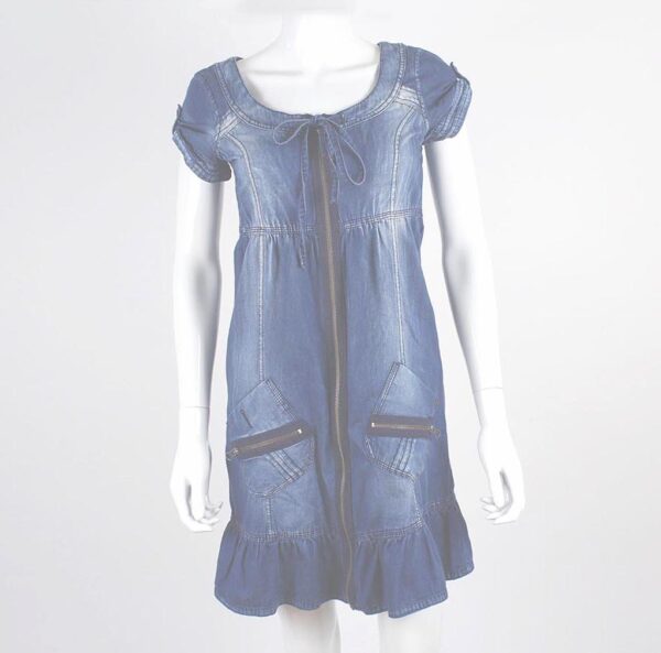 tom tailor blue denim dress zip front & pockets ruffled tail