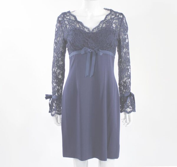 rickie freeman for t.j. nites blue floral lace ribbon dress