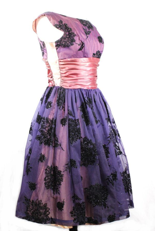 50s lavender organza burnout velvet black flowers party dress