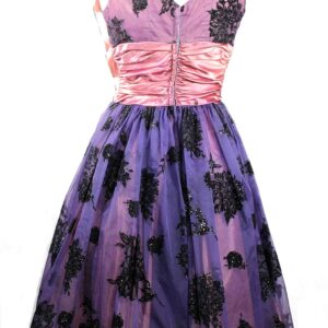 50s lavender organza burnout velvet black flowers party dress