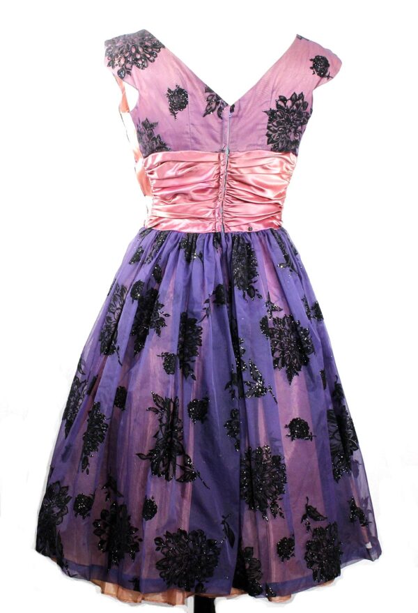 50s lavender organza burnout velvet black flowers party dress