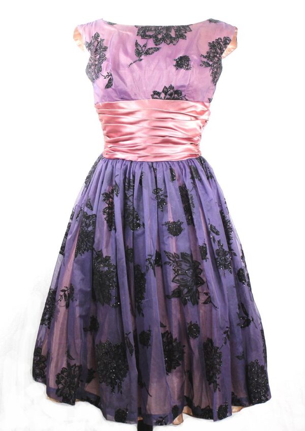 50s lavender organza burnout velvet black flowers party dress