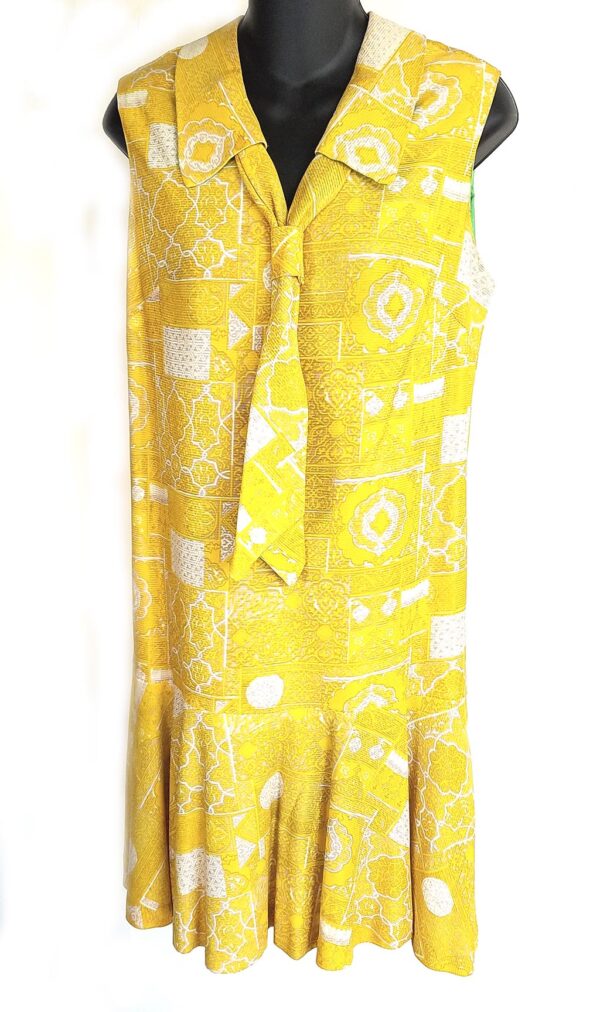 vintage 70s sailor tie neck yellow and white print vintage dress