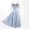 Vintage blue satin silver sequin bodice flair skirt t-strap dress