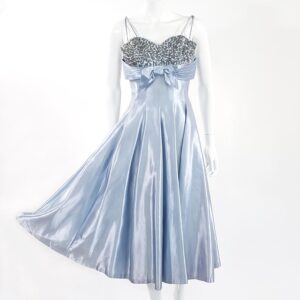 Vintage blue satin silver sequin bodice flair skirt t-strap dress
