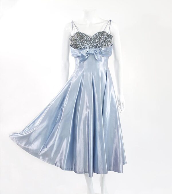 Vintage blue satin silver sequin bodice flair skirt t-strap dress