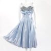 50s blue satin sequin bow bodice vintage dress