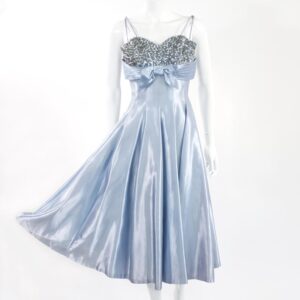 50s blue satin sequin bow bodice vintage dress