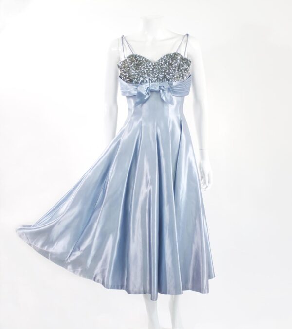 50s blue satin sequin bow bodice vintage dress