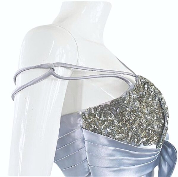 Vintage blue satin silver sequin bodice flair skirt t-strap dress