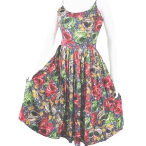 vintage multi color roses print full skirt dress