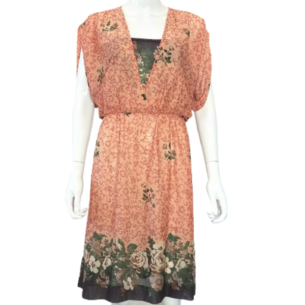 vintage 70s floral print tea tan drop top dress