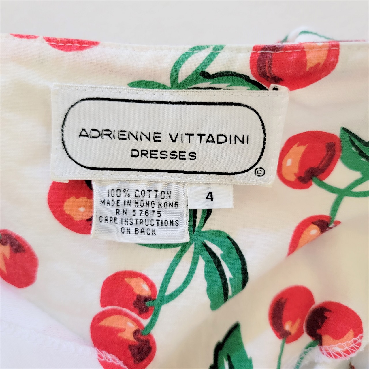 Adrienne Vittadini White Cherry Print 80's Vintage Dress Size 4 - Momentum  Vintage