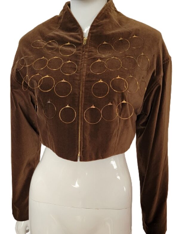 vintage brown velvet metal loop embellished front waist jacket