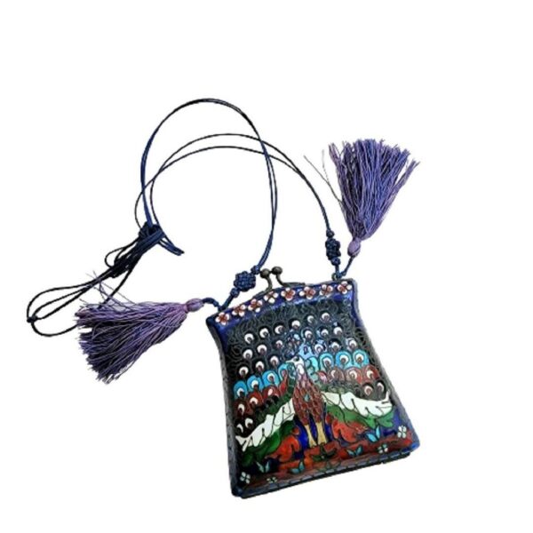 cloisonne peacock design tassel strap metal purse