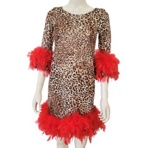 un deux trois leopard print red feather trimmed mini dress