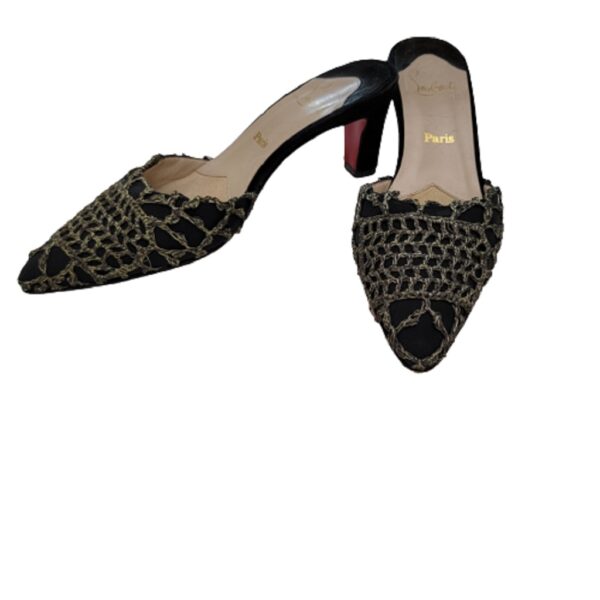 christian louboutin paris red bottom gold crochet mules