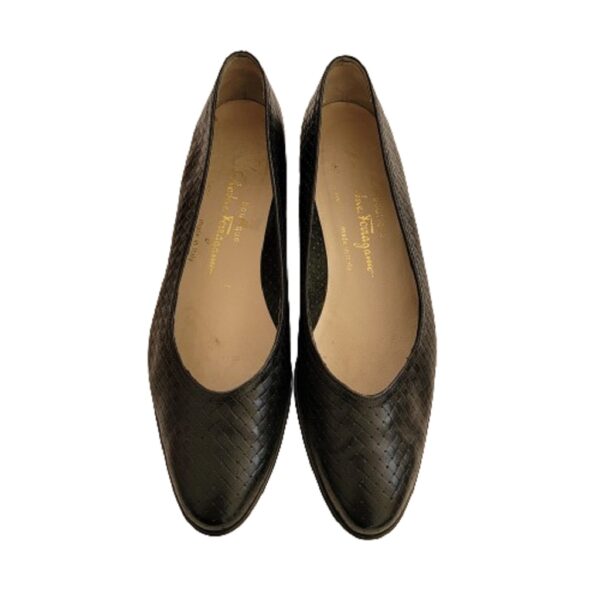 salvatore ferragamo black leather basket weave pattern flats.