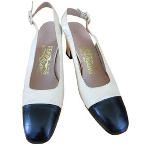 Salvatore Ferragamo cream black toe slingback heels