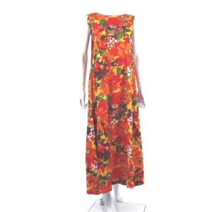 Vintage Aloha floral print Hawaiian watteau pleat maxi dress