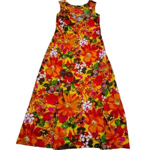 Vintage flower print Aloha Hawaiian watteau pleat midi 60s 70s dress