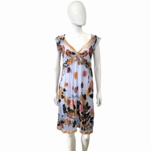 Hale Bob velvet beaded multi color flowers silk empire sheer V necklace dress