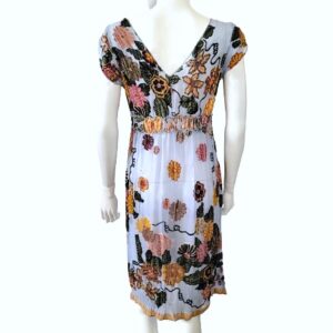 Hale Bob velvet beaded multi color flowers silk empire sheer V necklace dress