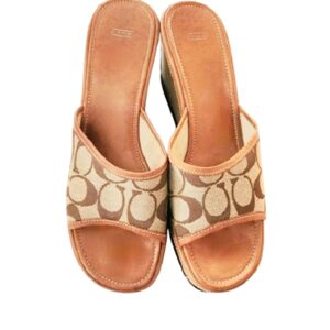 Vintage Coach wedge monogram logo leather bare back slides sandals