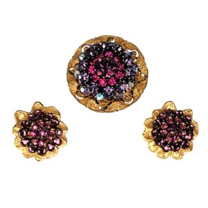 Vintage Miriam Haskell purple pink aurora borealis stone brooch and earrings set
