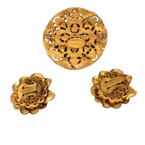 Vintage Miriam Haskell purple pink aurora borealis stone brooch and earrings set