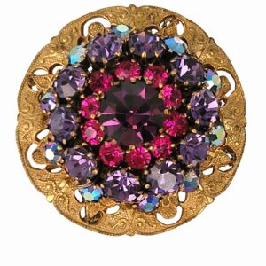 Vintage Miriam Haskell purple pink aurora borealis stone brooch and earrings set