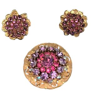 Vintage Miriam Haskell purple pink aurora borealis stone brooch and earrings set
