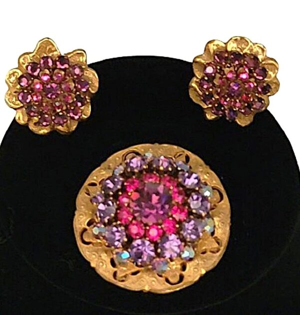 Vintage miriam haskell purple and pink rhinestone brooch & clip on earrings set