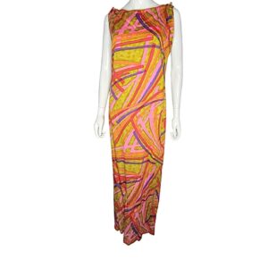 Vintage Tori Richard Honolulu multi line design side slit tiki maxi dress