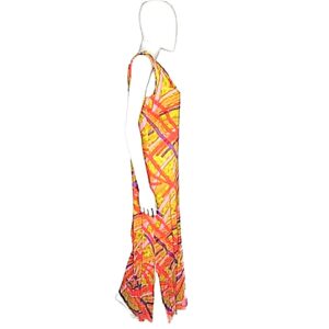Vintage Tori Richard Honolulu multi line design side slit tiki maxi dress