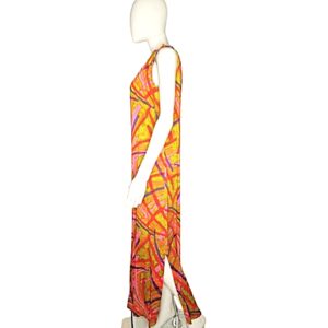 Vintage Tori Richard Honolulu multi line design side slit tiki maxi dress