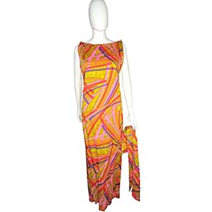 Vintage Tori Richard Honolulu multi line design side slit tiki maxi dress