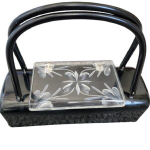 Vintage black Lucite clear floral reversed carved top double handle purse