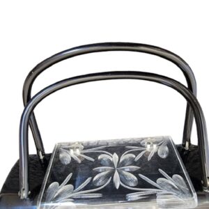 Vintage black Lucite clear floral reversed carved top double handle purse