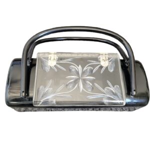 Vintage black Lucite clear floral reversed carved top double handle purse