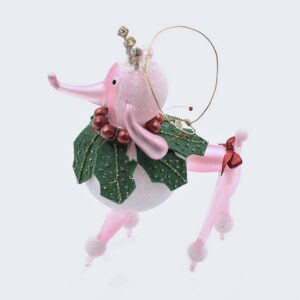 Vintage Poodle dog pink, white snow bow tail holiday ornament